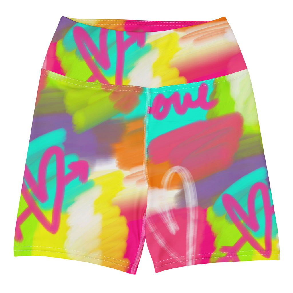 Colorful short yoga shorts with lovestruck print, front flat