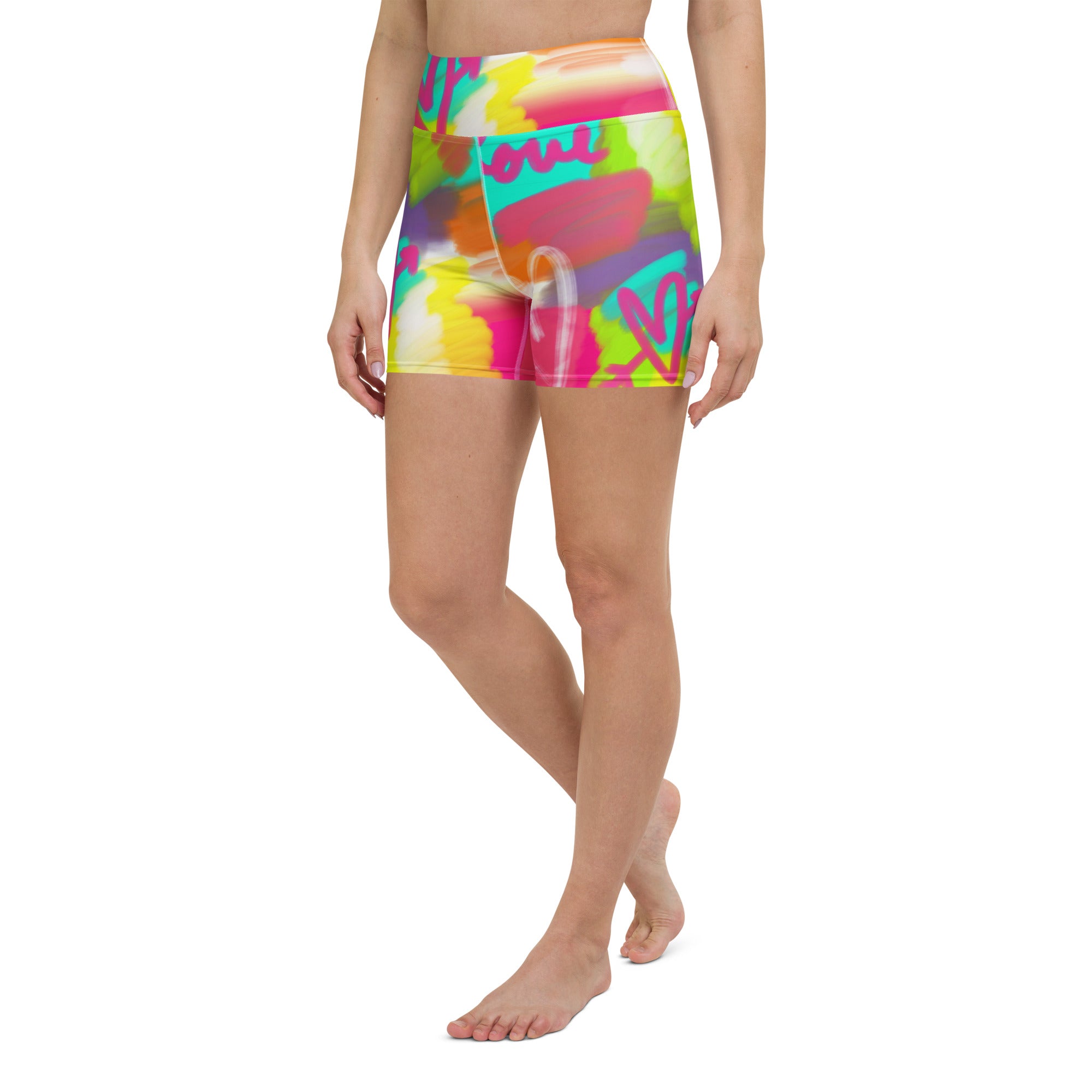 Colorful short yoga shorts with lovestruck print, front left side