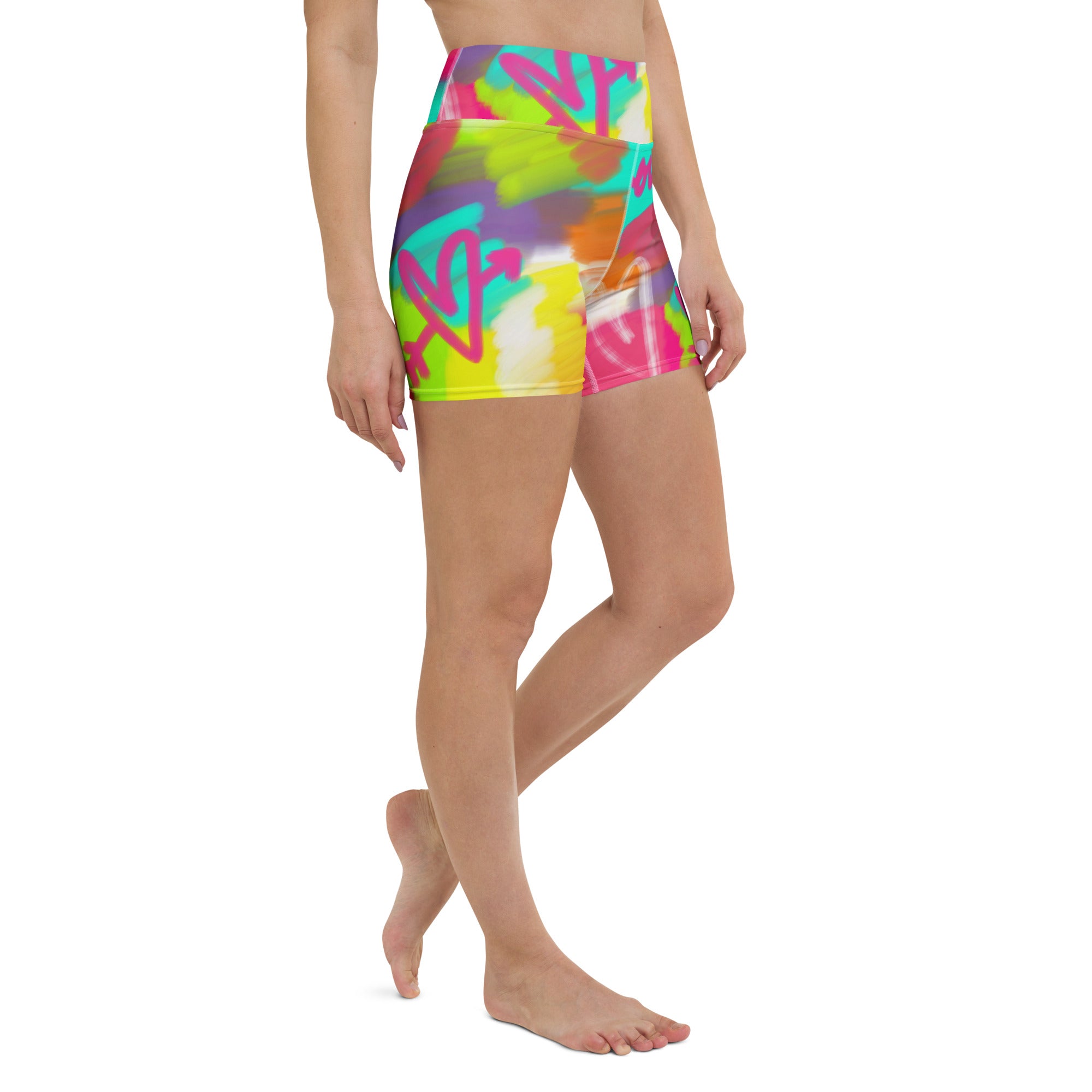 Colorful short yoga shorts with lovestruck print, front right side