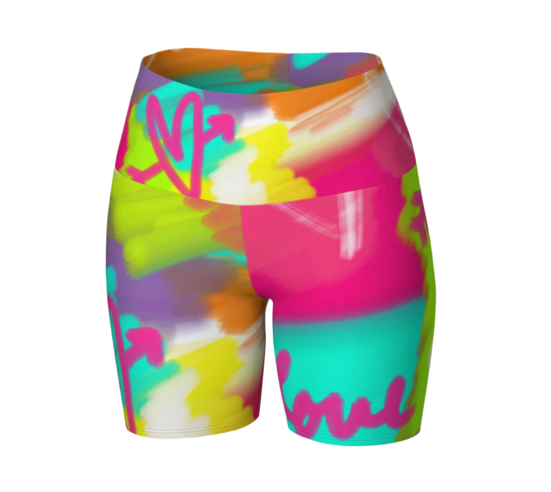 Colorful shorts with abstract design and text on a white background