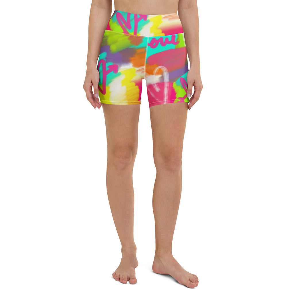 Colorful short yoga shorts with lovestruck print, front