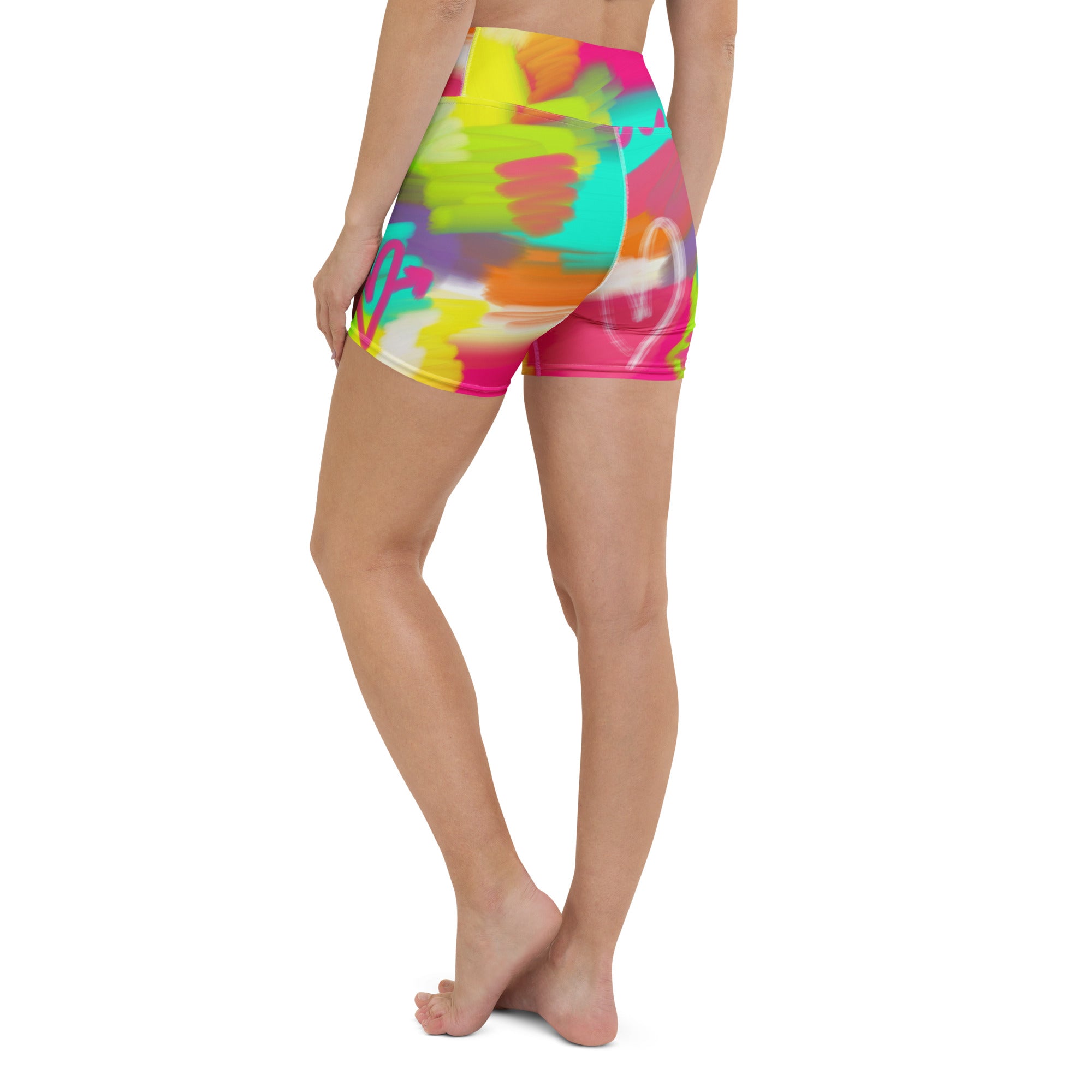 Colorful short yoga shorts with lovestruck print, left back side