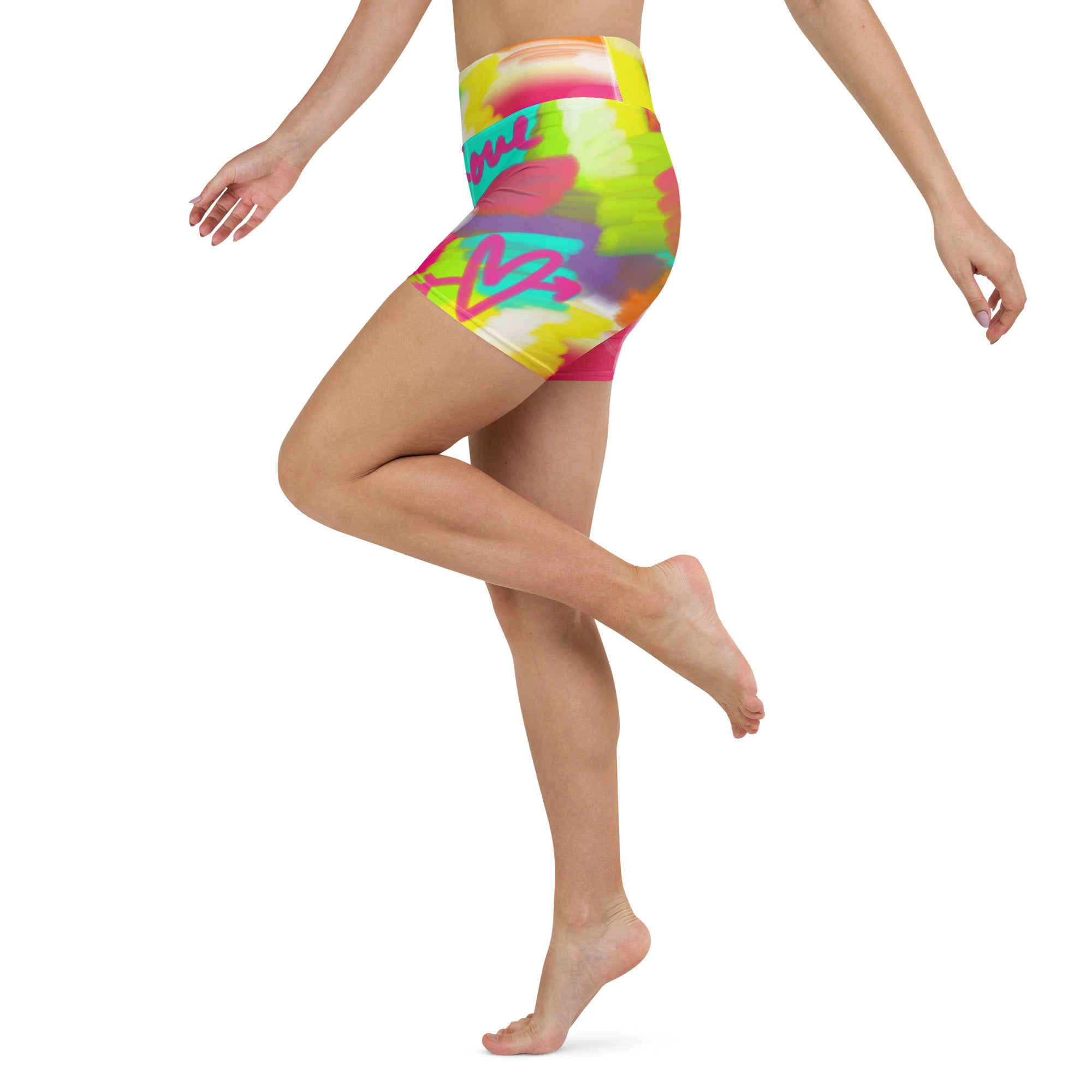 Colorful short yoga shorts with lovestruck print, front right side