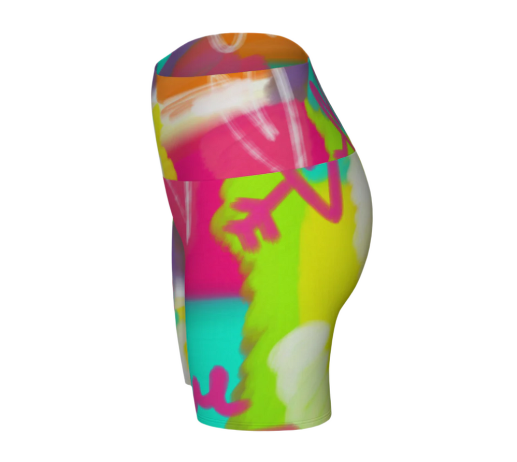 Colorful athletic shorts with abstract design on a white background