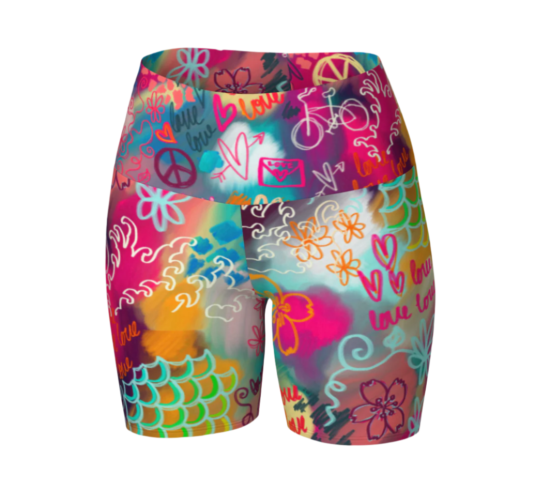 Colorful patterned high-waist yoga shorts on a white background