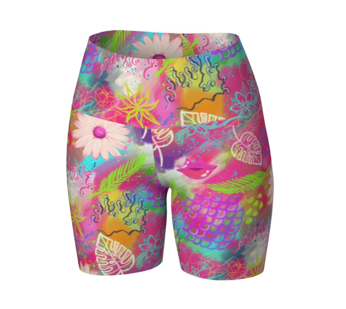 Colorful floral and abstract patterned shorts on a white background