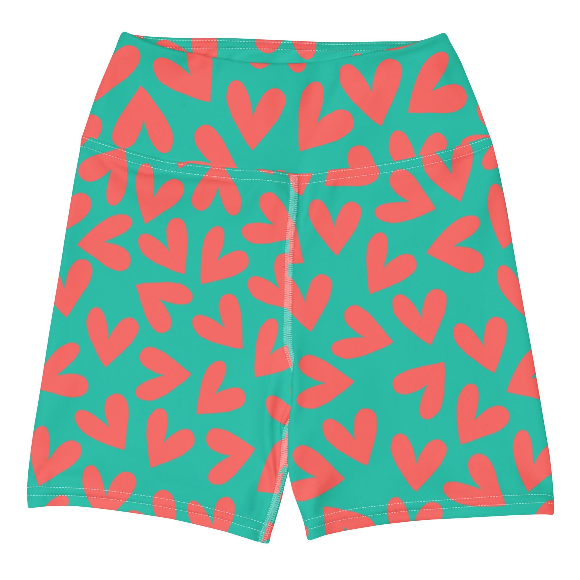 Colorful yoga shorts with teal and coral hearts print front flat view