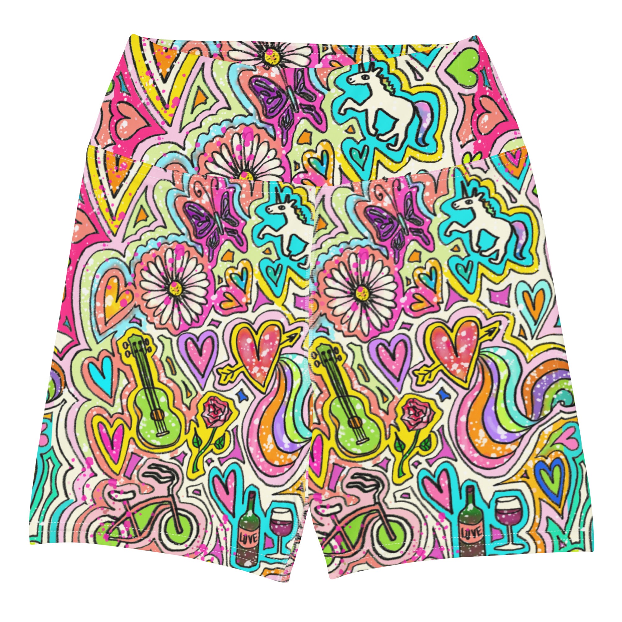 Colorful yoga shorts with unicorn doodles print flat front view