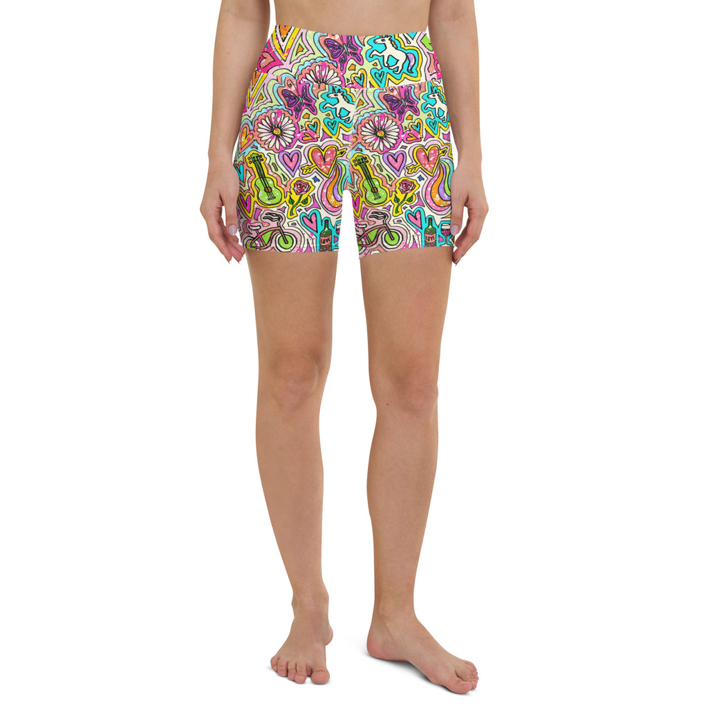 Colorful yoga shorts with unicorn doodles print front view