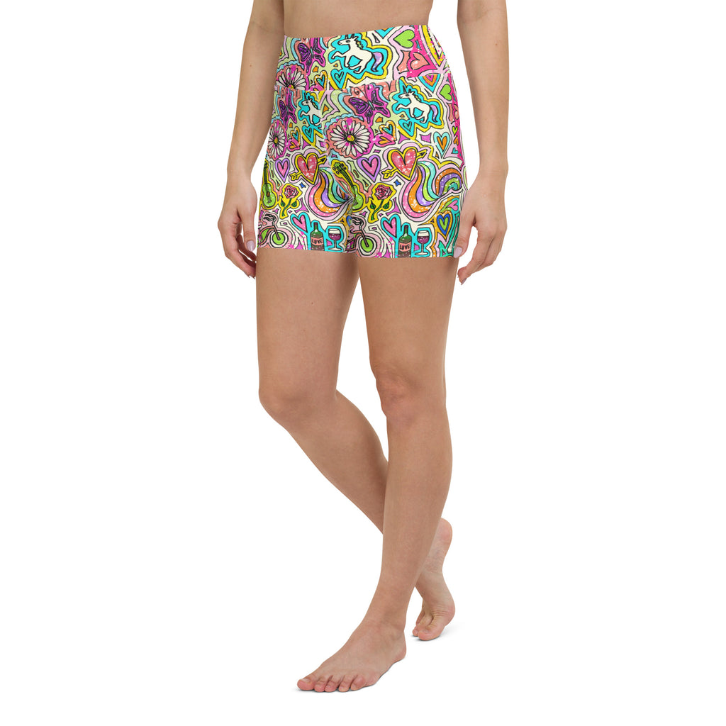 Colorful yoga shorts with unicorn doodles print front left view
