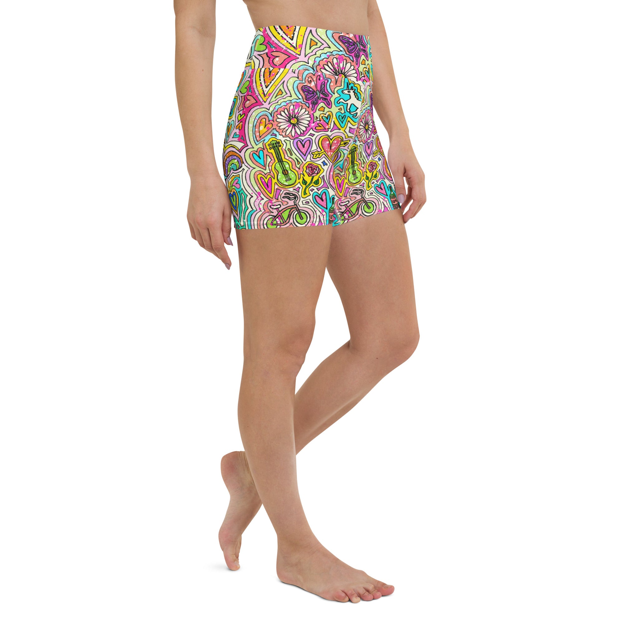 Colorful yoga shorts with unicorn doodles print front right view