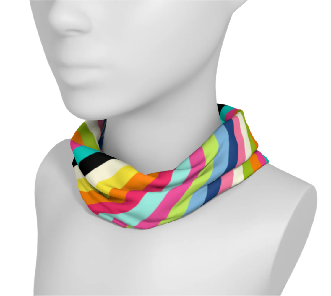 Colorful striped neck gaiter on a mannequin head against a white background