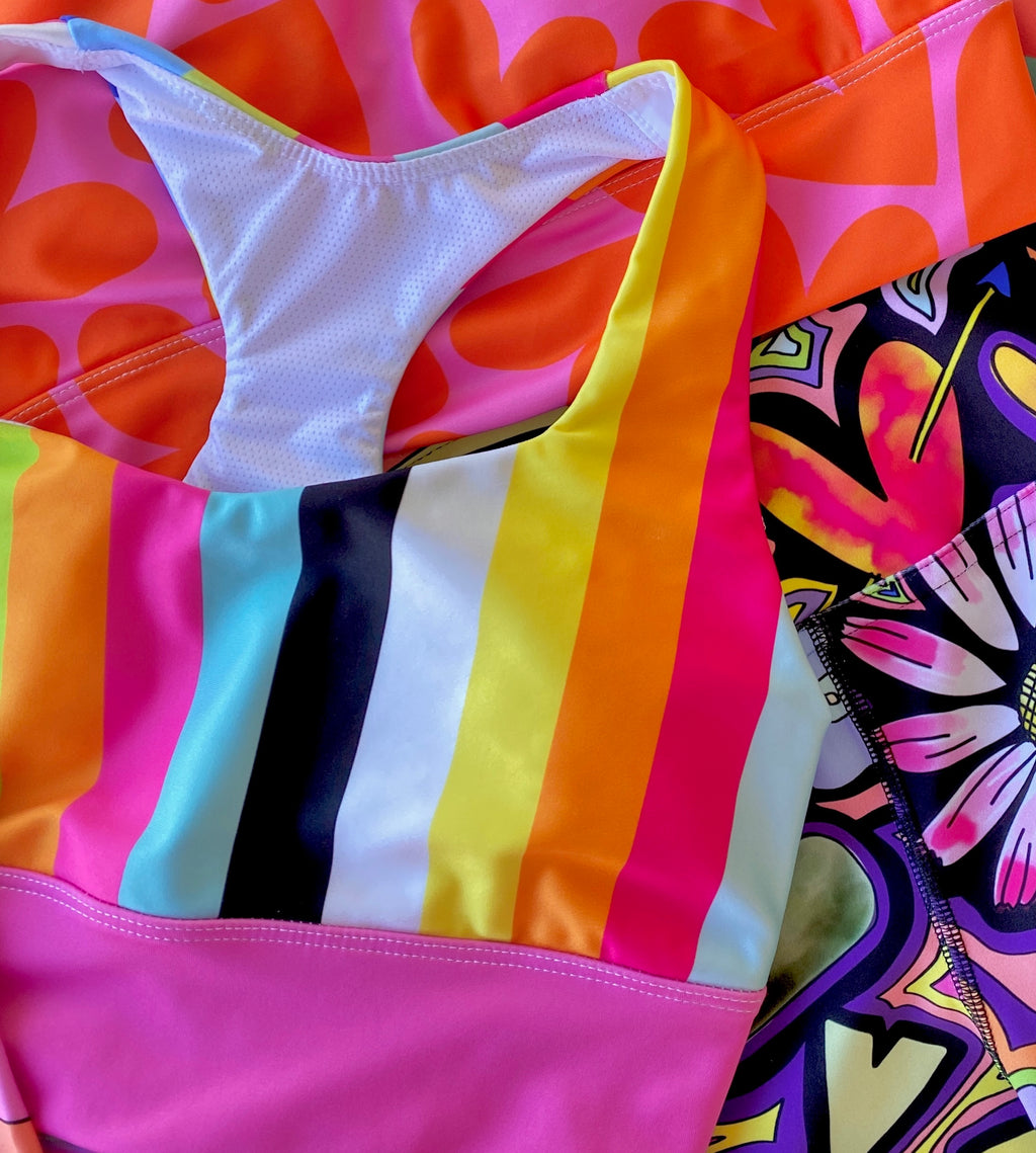 Longline Sports Bra | Colorful Stripes with Pink Band