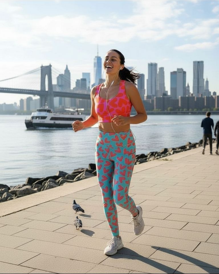 Woman in colorful activewear set of orange and pink hearts sports bra and teal yoga leggings with pink hearts running by a waterfront.
