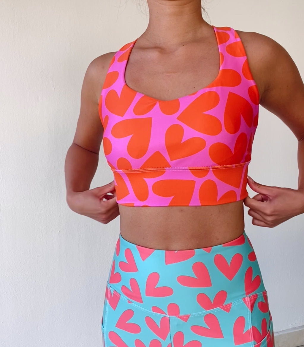Longline Sports Bra | Orange and Pink Hearts