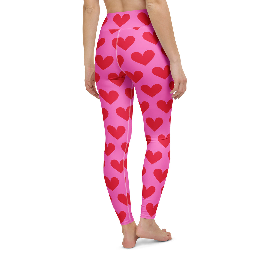 Yoga leggings with pink and red hearts pattern back view