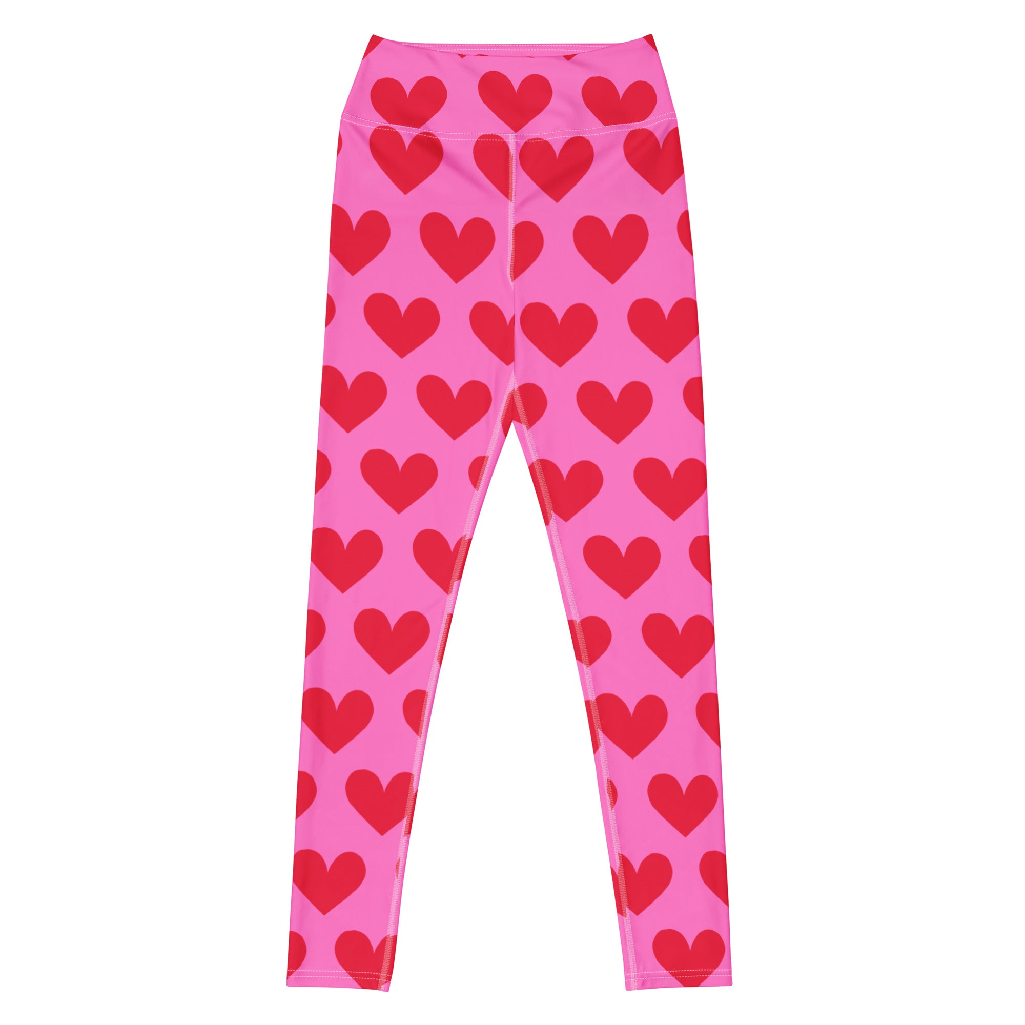 Yoga leggings with pink and red hearts pattern flat view