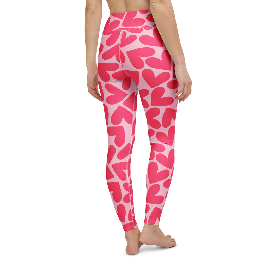 Yoga leggings with pink hearts pattern back right view
