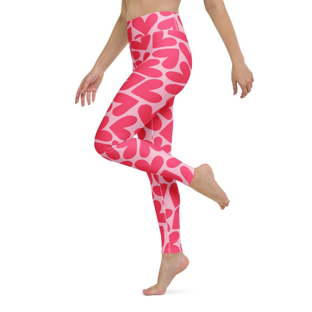 Yoga leggings with pink hearts pattern side view