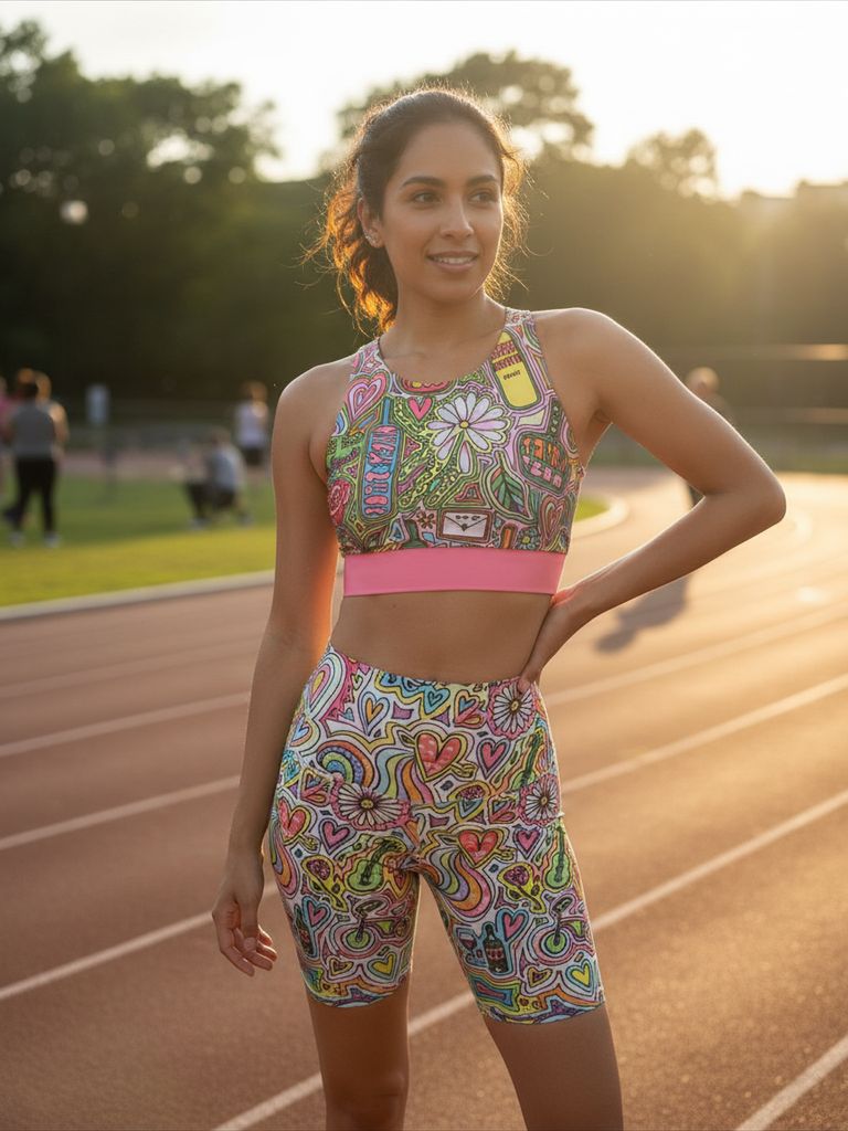 Woman in colorful athletic wear standing on a track with trees in the background