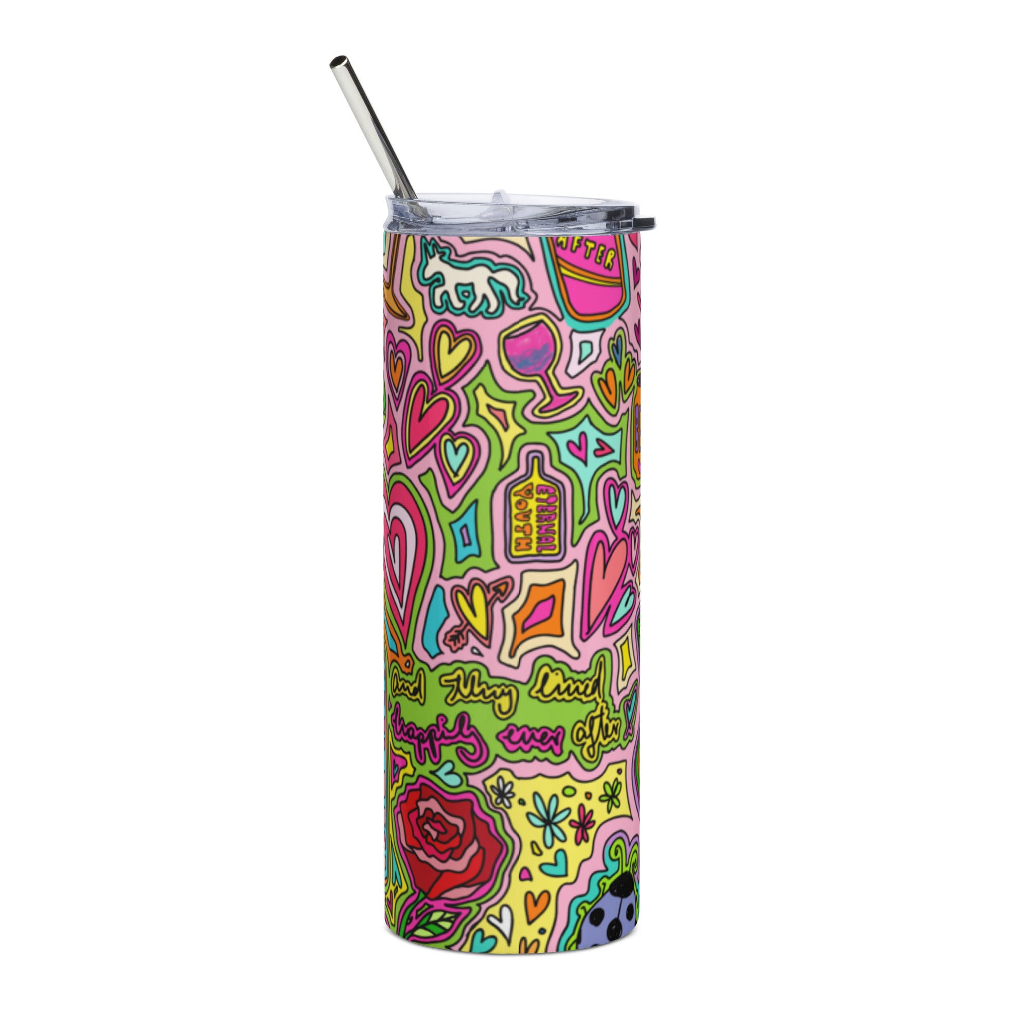 Colorful stainless steel tumbler with fun doodle prints