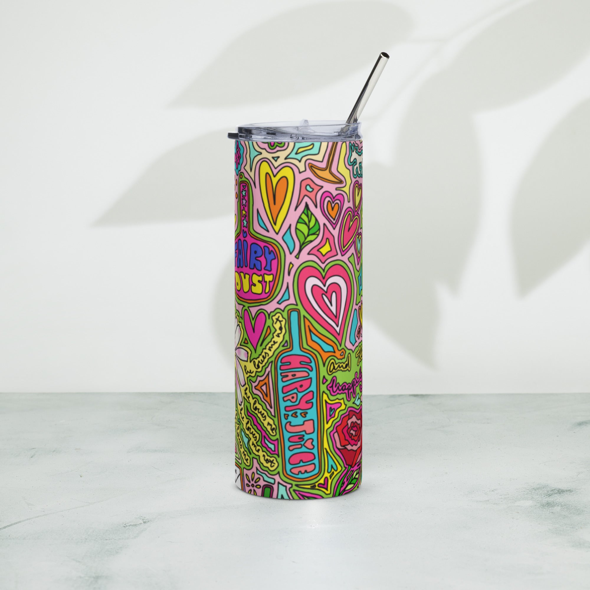 Colorful stainless steel tumbler with doodle print of bottles