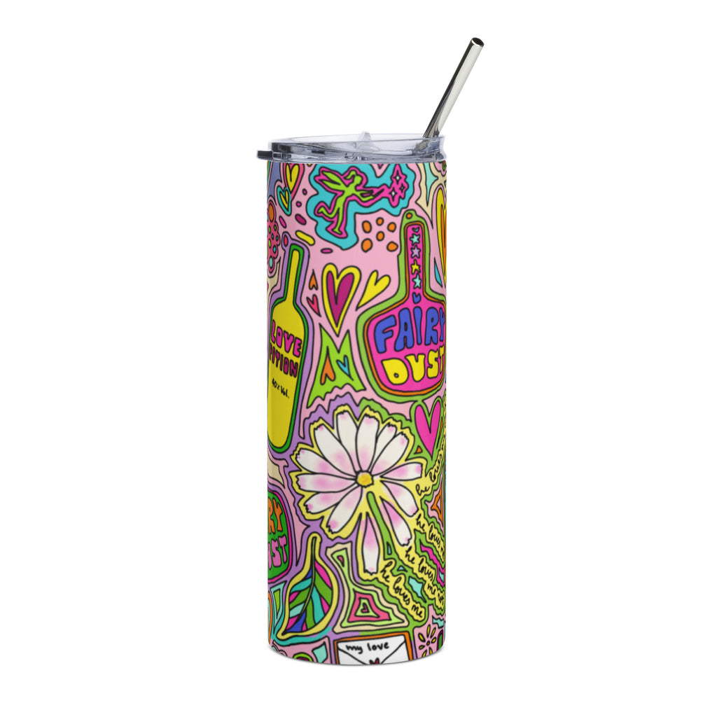 Stainless steel tumbler with colorful doodle print, lid and metal straw side view