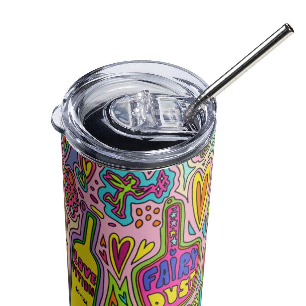 Colorful stainless steel tumbler with whimsical fairytale print, lid and metal straw view