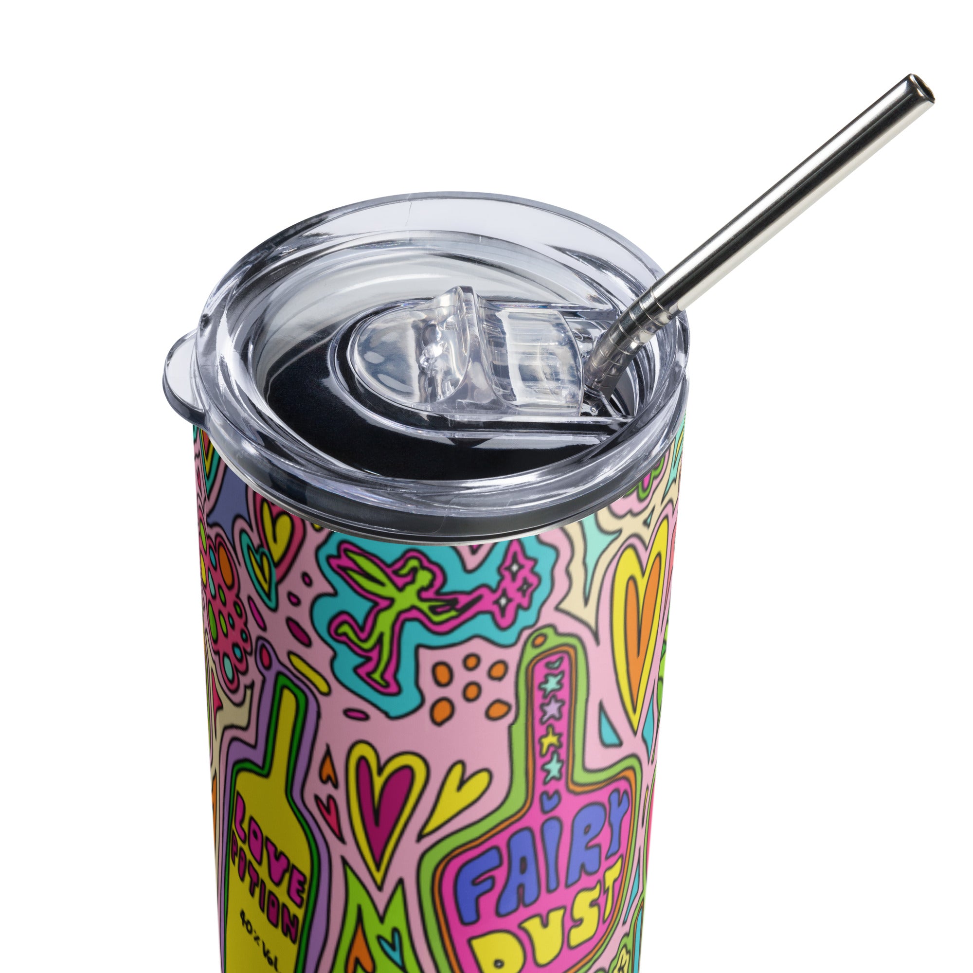 Colorful stainless steel tumbler with whimsical fairytale print, lid and metal straw view