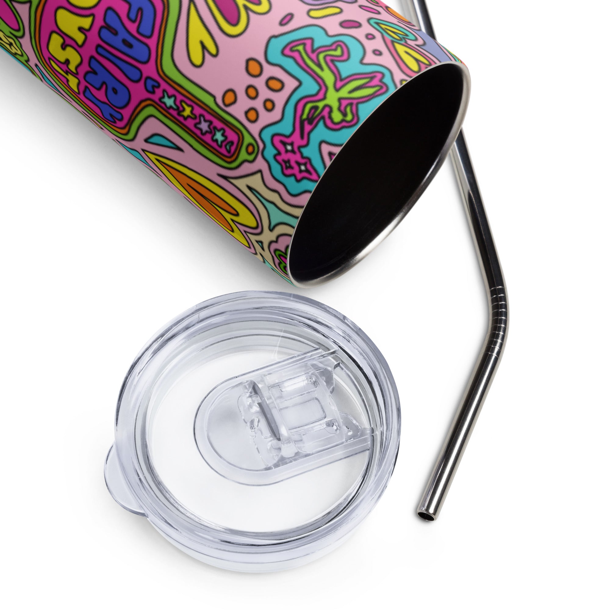 Colorful stainless steel tumbler with fairytale print, lid and metal straw