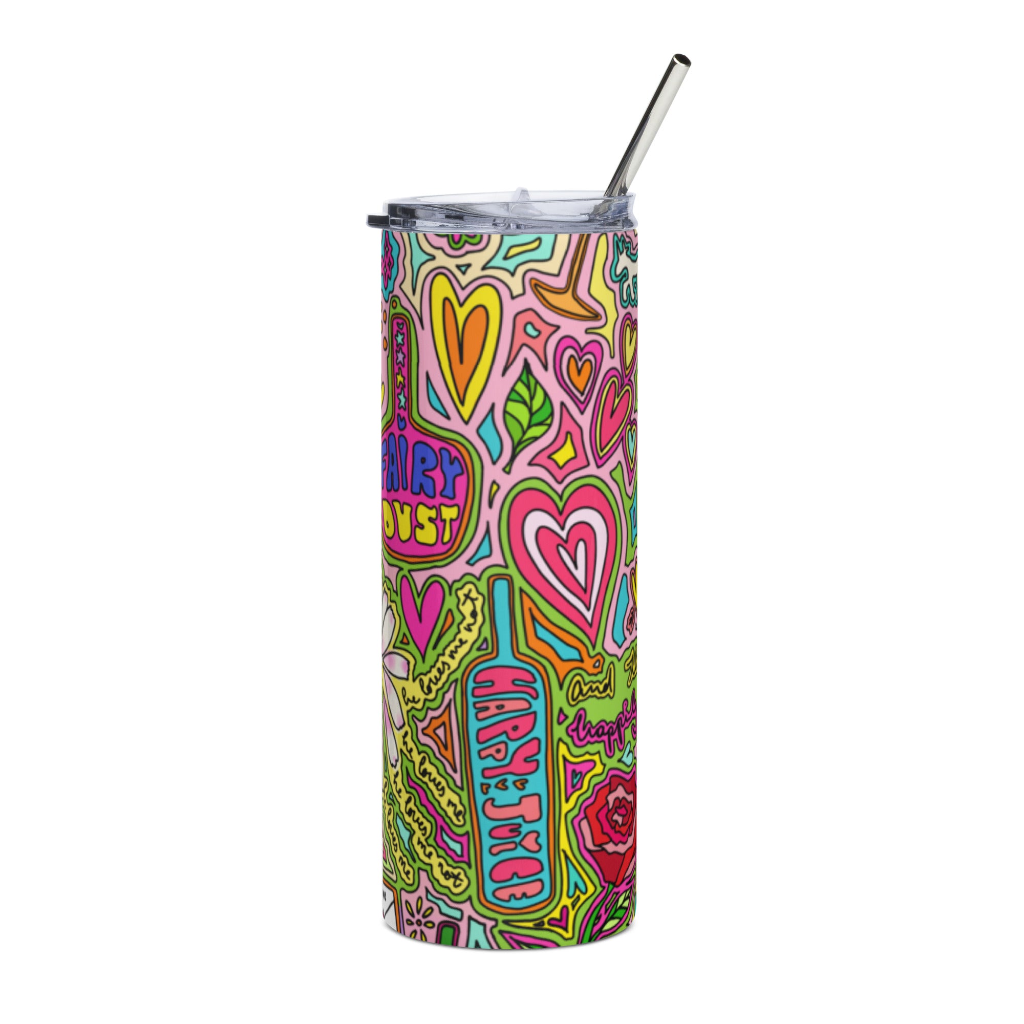 Stainless steel tumbler with colorful doodle print