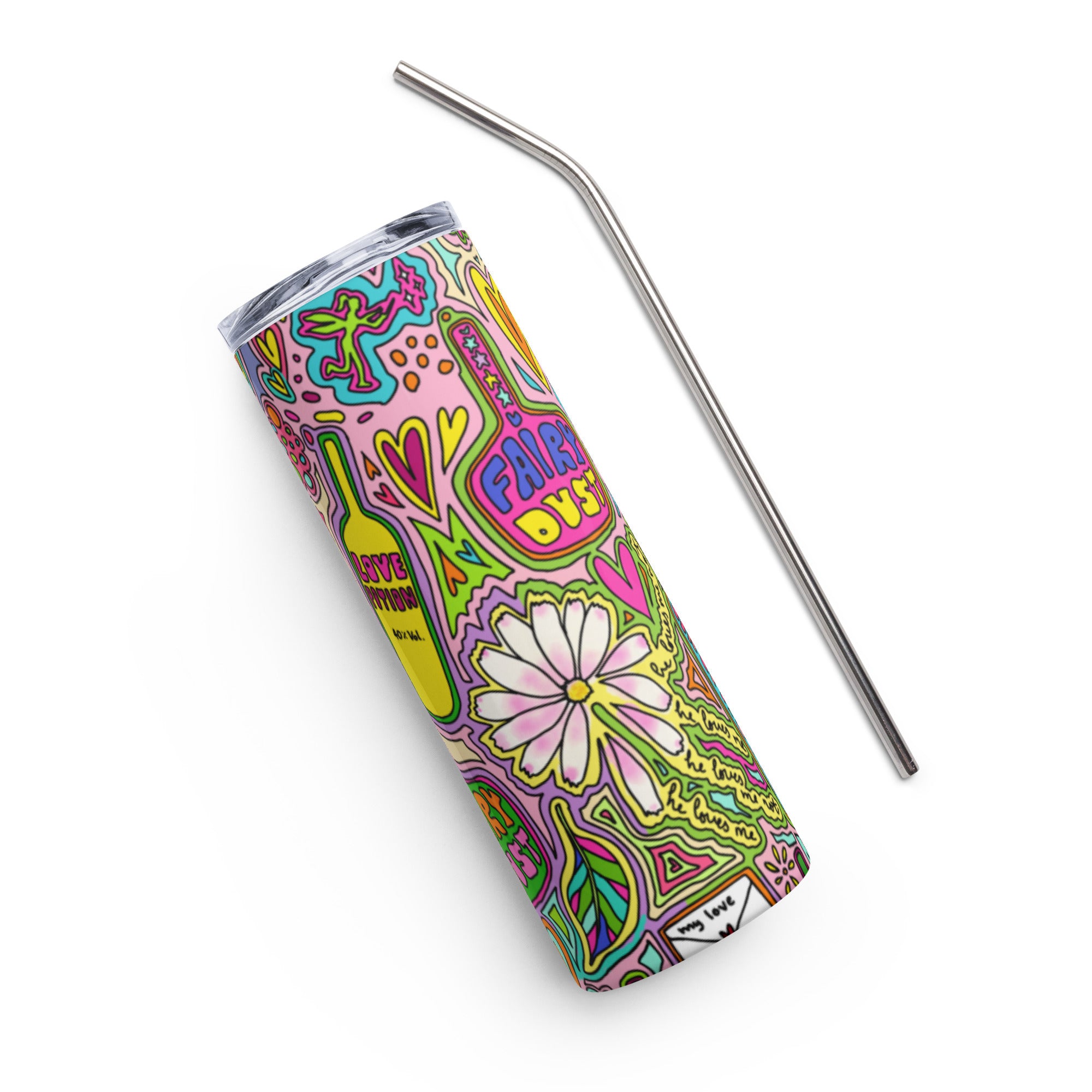 Stainless steel tumbler with colorful doodle print with metal straw, top view