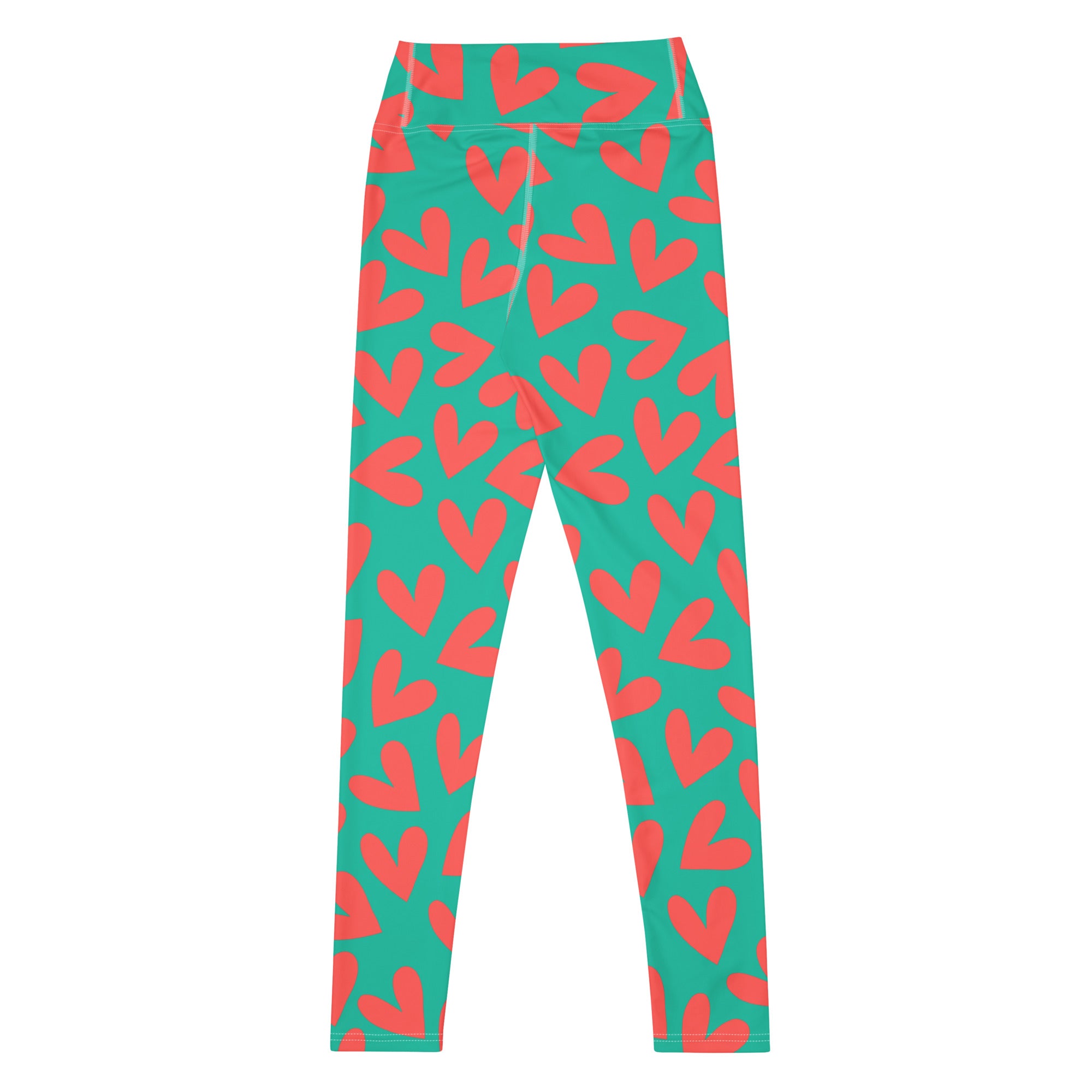 Yoga leggings with teal and pink hearts pattern flat view