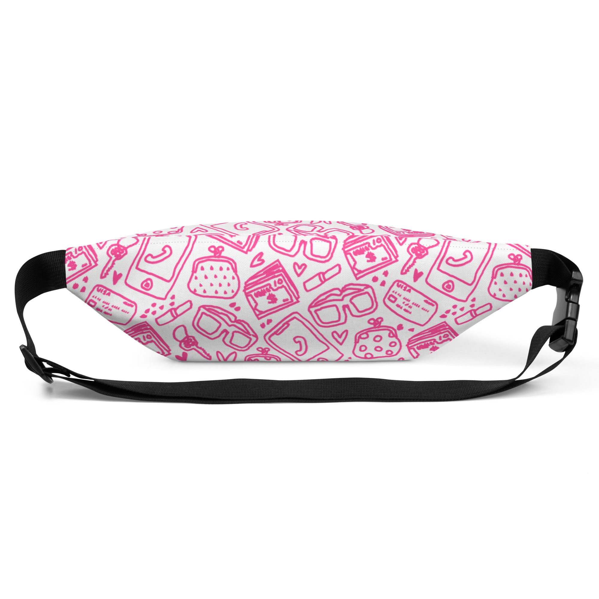 White fanny pack with pink doodles of what's in my bag, back view