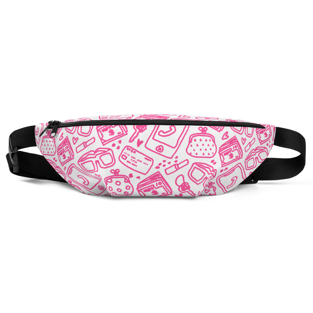 A pink fanny pack with a pattern of doodles, featuring a top zipper with two sliders, a small inner pocket, and adjustable straps.