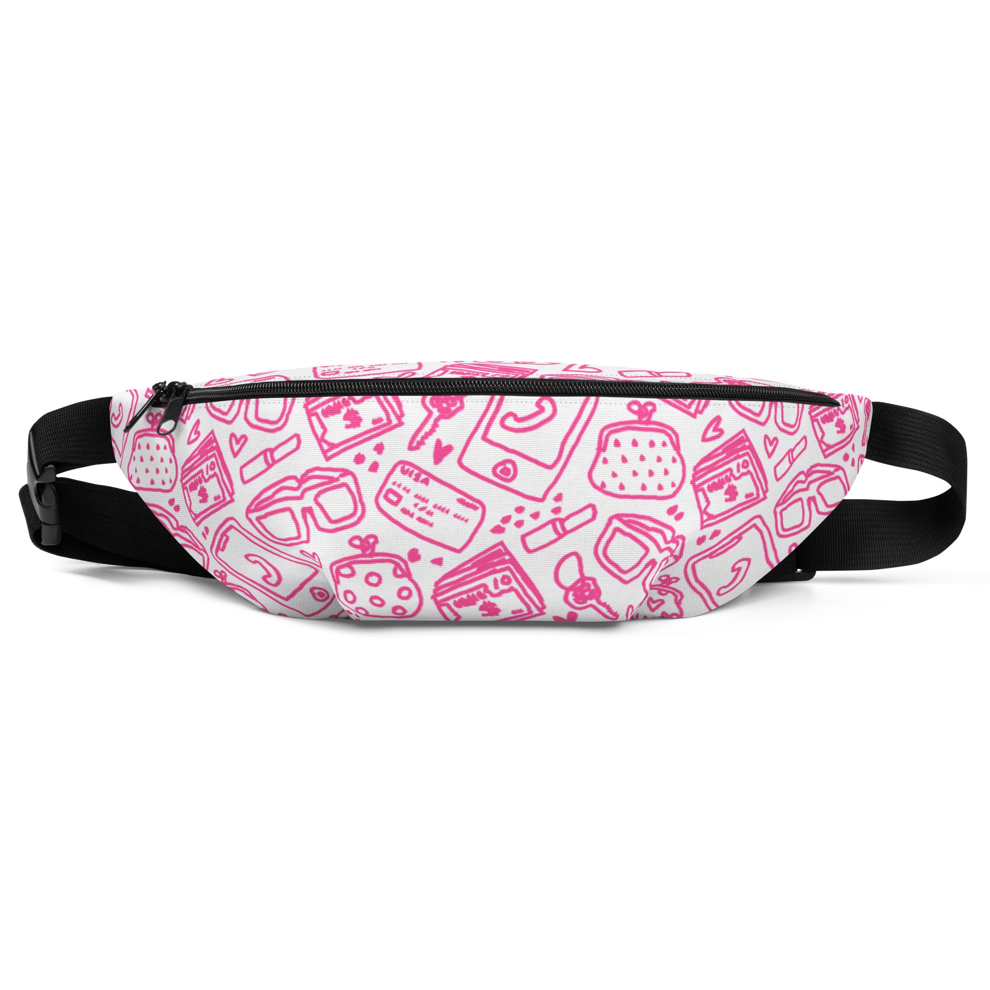 A pink fanny pack with a pattern of doodles, featuring a top zipper with two sliders, a small inner pocket, and adjustable straps.