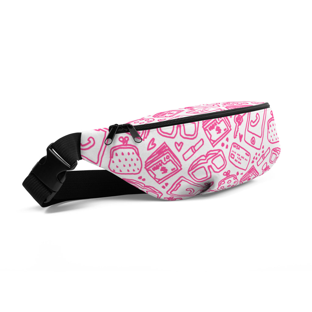 White fanny pack with pink doodles of what's in my bag, front side view