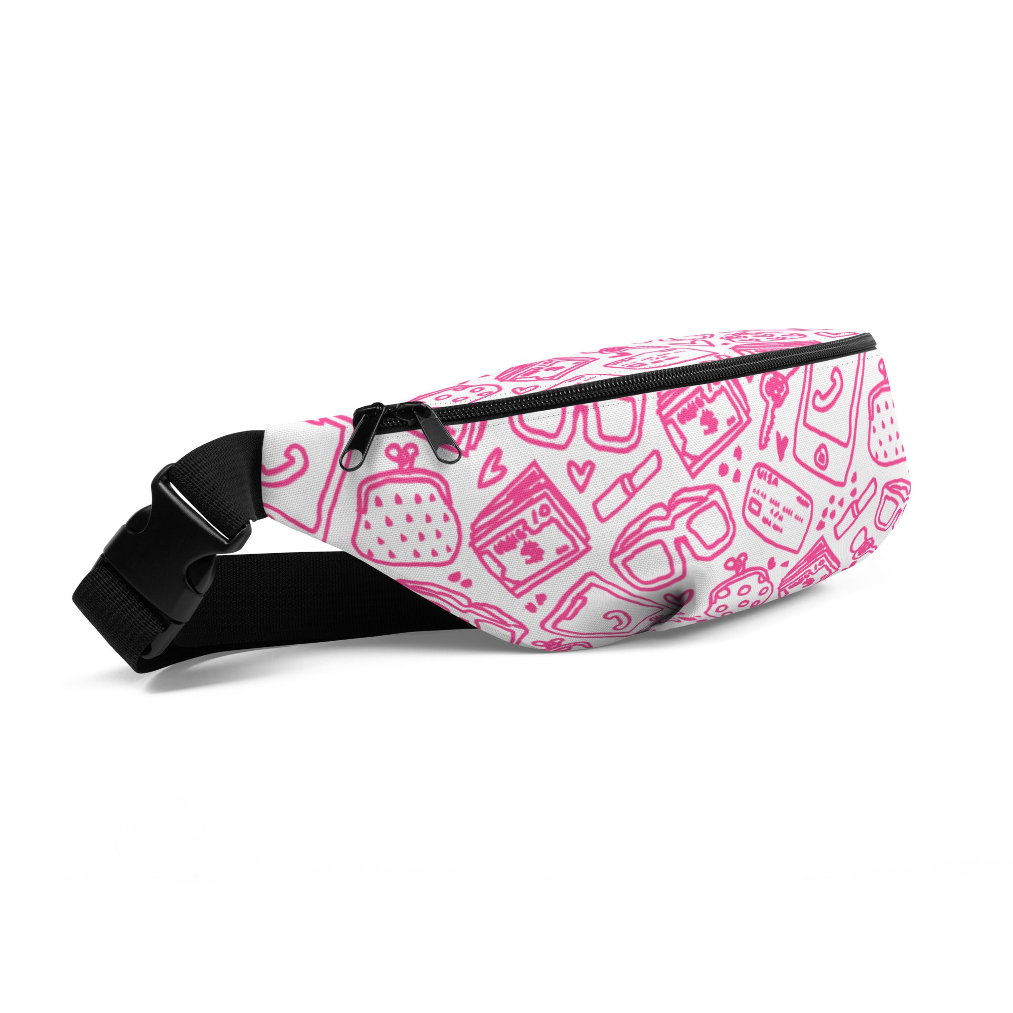 White fanny pack with pink doodles of what's in my bag, front side view