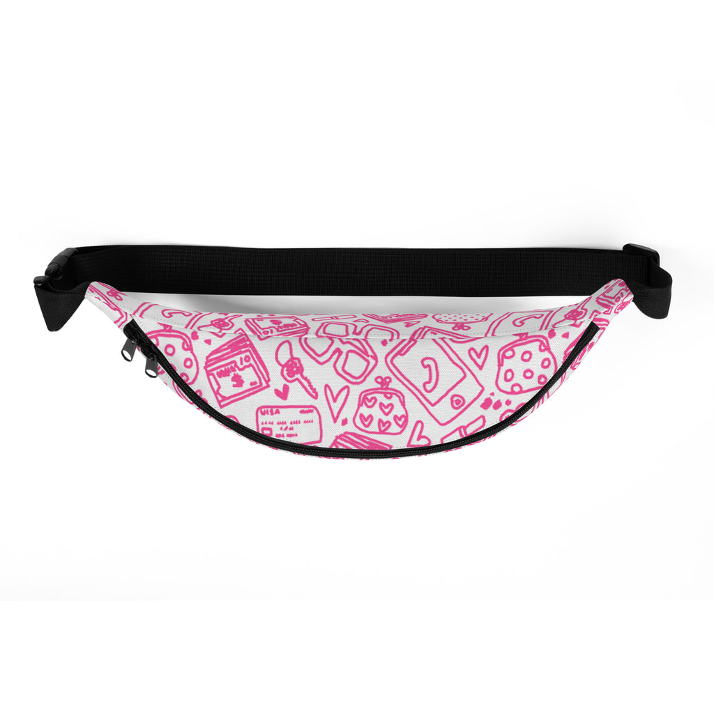 White fanny pack with pink doodles of what's in my bag, top view